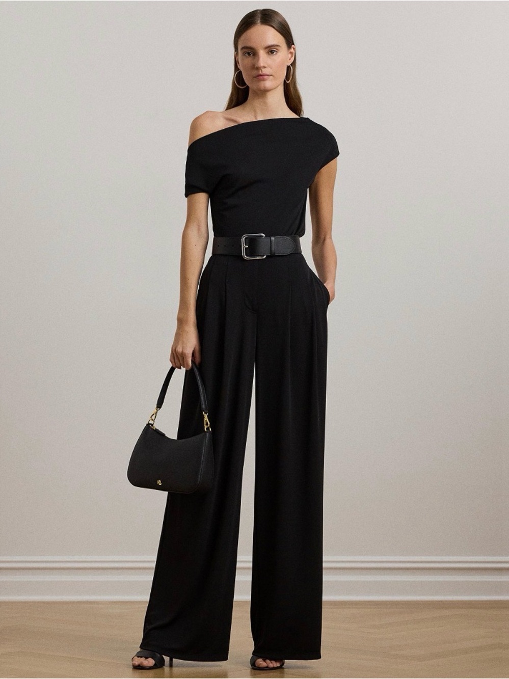 Lauren Ralph Lauren Pleated Stretch Jersey Wide-Leg Pants - Black